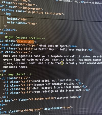 Image of the exact code used for this page, showing the hand-coded nature of our sites
