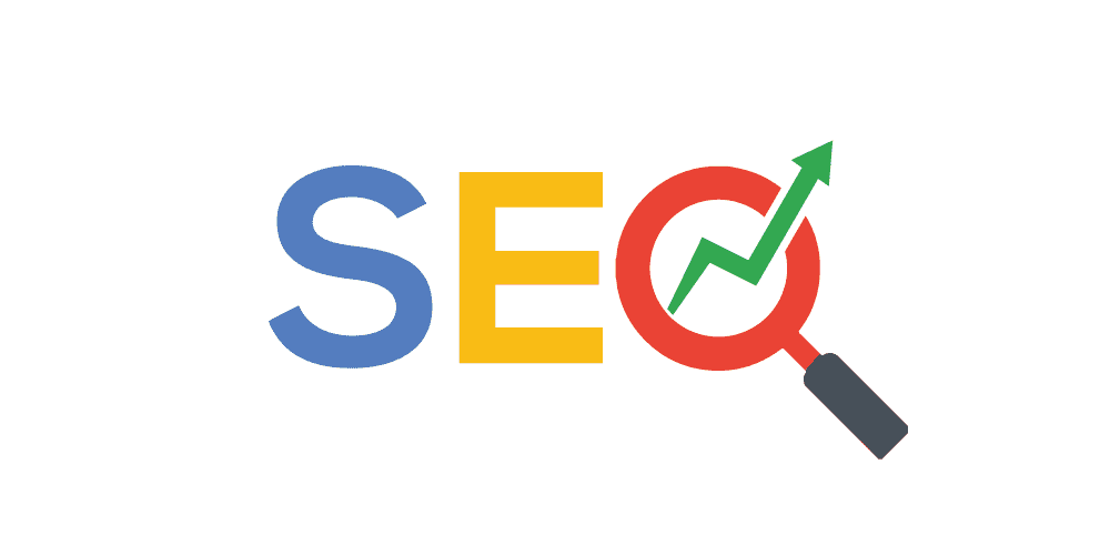 The word SEO in blue, yellow and red, with the O being a graph